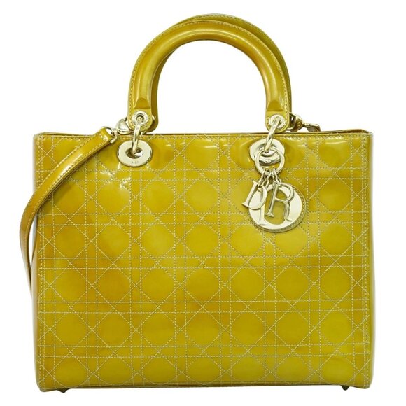 Christian Dior Lady Cannage Patent Leather 2way Handbag Yellow Gold - Picture 1 of 10